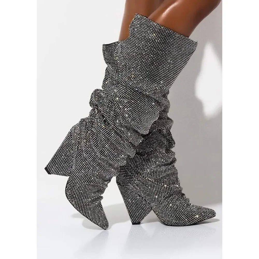 Olivaceous Rhinestone Slouch Over Knee Boots Crystal Sparkle Women's Size 6.5